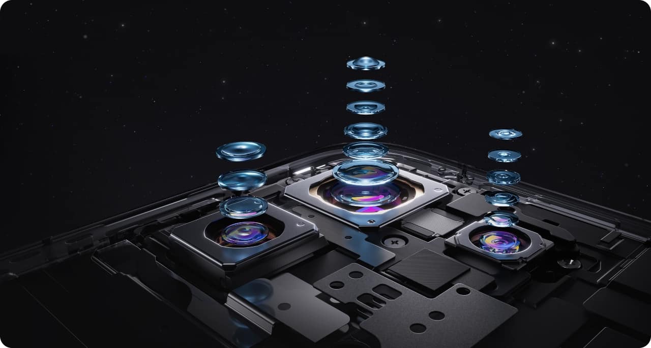 OnePlus 16 triple rear camera internals with lens elements floating above each of the three camera modules